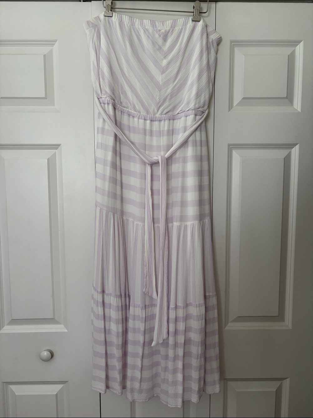 Versona Lavender and White Strapless Midi Dress with Waist Tie